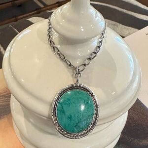 Huge Vintage Old Pawn Sterling Silver and Turquoise Oval Pendant Necklace